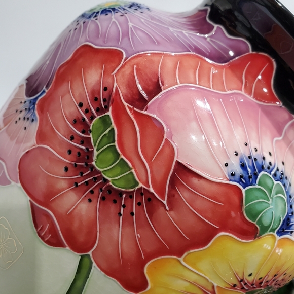 11 3/4" Bold Cloisonné Styl Asian Poppies Dramic Black + Floral Ceramic Art Vase - Picture 13 of 15